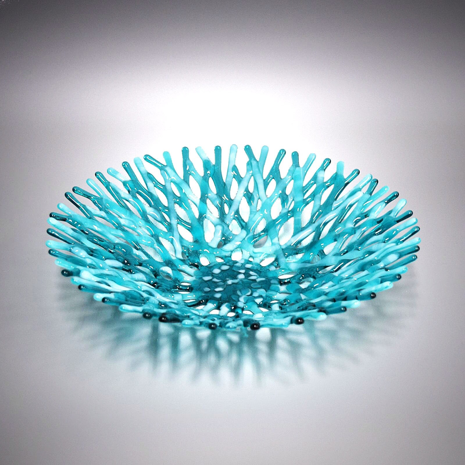 Fused Glass Art Sea Coral Bowl Ocean Life Tablescapes Beach Themed Table Decor Shelf Art in Aquamarine Blue Green and White