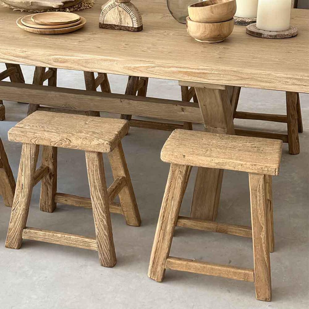 Antique Elm Wood Stool / Side Table – Reclaimed Solid Wood, Rustic ...