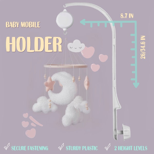 Baby mobile hanger, Baby mobile holder, Music Box 35 Melodies, Nursery mobile arm, Crib mobile arm and music box, Mobile bebe attachment