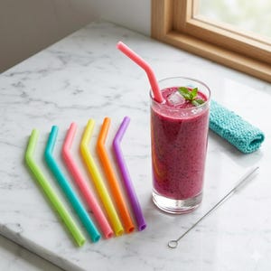 Puede incluir: Un vaso de batido morado con una pajita rosa, hielo y menta. Seis pajitas de silicona reutilizables de colores en verde, turquesa, rosa, amarillo, naranja y morado están dispuestas sobre una superficie de mármol. También hay un cepillo de limpieza y un paño azul.