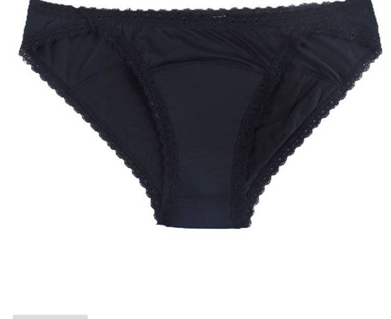 May include: Black lace-trimmed underwear with a built-in liner.