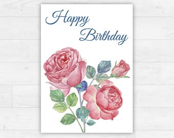 Printable Happy Birthday Card / Instant Download / Illustrated Roses Happy Birthday Card / Printable Floral Birthday Postcard / DIY [17]