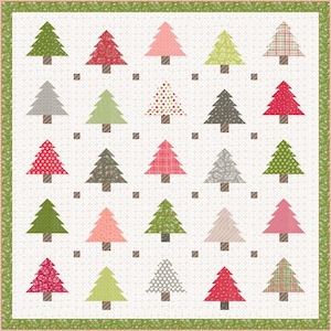 May include: A white background with a grid of 25 colorful Christmas trees. The trees are in various patterns and colors, including red, green, pink, gray, and white.