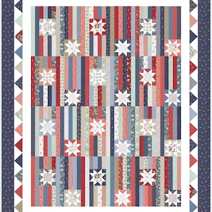 May include: A patchwork quilt with a patriotic theme. The quilt features vertical stripes in red, white, and blue fabrics, interspersed with star-shaped appliqués. The border is a dark blue with white floral patterns and red triangles.