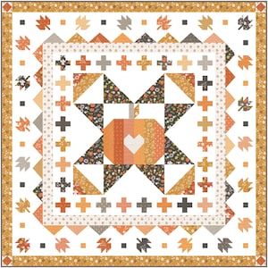 May include: A patchwork quilt with a pumpkin design. The quilt features a central pumpkin with a heart, surrounded by star points and cross shapes. The color palette includes orange, white, brown, and floral patterns, with leaf and floral border details.