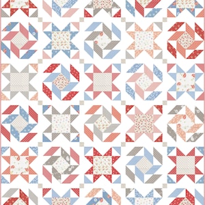 Puede incluir: Un patrón de colcha con un diseño repetitivo de estrellas, remolinos y triángulos en tonos rojos, azules y grises sobre un fondo blanco.