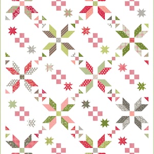 May include: A white background with a repeating pattern of pink, green, and gray stars. The stars are made of different patterned fabrics.