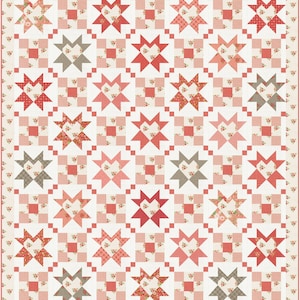 May include: A patchwork quilt featuring a repeating star design in red, pink, and grey hues against a cream backdrop. The stars are made from floral and dotted fabrics, giving a vintage feel. The quilt is finished with a floral border.