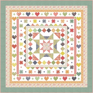 May include: A colorful quilt with a star pattern in the center. The quilt is made with a variety of fabrics in shades of pink, green, blue, yellow, and white. The quilt is surrounded by a border of hearts, stars, and squares.