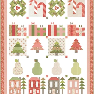 May include: A patchwork quilt with a festive Christmas theme. The quilt features squares with candy canes, gifts, Christmas trees, pears, houses, and wreaths in shades of red, green, and cream. The border is a floral pattern.