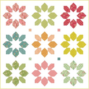 May include: Nine star-shaped quilt blocks in various colors and patterns. The blocks are arranged in a 3x3 grid. The colors include pink, green, yellow, orange, and blue.