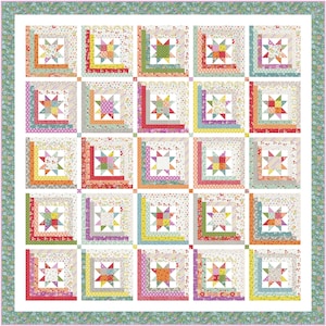 Puede incluir: Una colcha con un diseño de patchwork que presenta una variedad de telas coloridas. La colcha está compuesta por cuadrados con un patrón de estrella en el centro. La colcha está rodeada por un borde con un patrón floral.