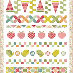 May include: A collection of colorful patchwork quilt blocks featuring various geometric shapes, floral patterns, and a strawberry motif. The blocks are arranged in rows and include a variety of colors, including red, pink, green, yellow, and blue.