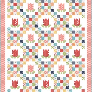May include: A quilt pattern with a white background and a repeating pattern of red, pink, and green tulips. The tulips are surrounded by a patchwork of colorful squares.