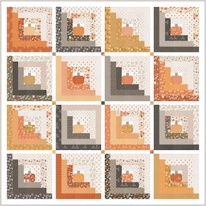 May include: A patchwork quilt featuring a repeating pattern of pumpkin-themed blocks. Each block has a pumpkin in the center, surrounded by concentric squares in shades of orange, brown, and cream. The quilt has a fall harvest theme.