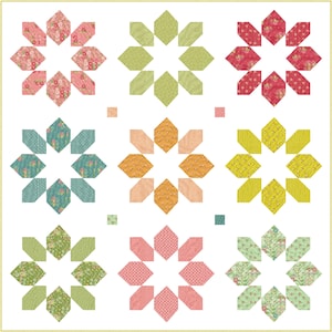May include: Nine star-shaped quilt blocks in various colors and patterns. The blocks are arranged in a 3x3 grid. The colors include pink, green, yellow, orange, and blue.