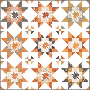 May include: A patchwork quilt featuring a repeating pattern of star shapes and leaf motifs. The quilt uses a palette of orange, brown, and cream fabrics. The design includes various textures and patterns, creating a cozy, autumnal aesthetic.