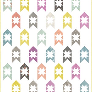 May include: A quilt pattern with a white background and colorful fabric squares arranged in a grid pattern. Each square features a white star in the center and a pointed banner shape. The colors of the squares include yellow, orange, pink, purple, blue, green, and gray.