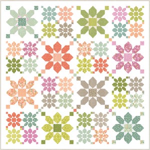 Könnte beinhalten: Ein Quilt mit einem sich wiederholenden Muster aus achtstrahligen Sternen in verschiedenen Blumen- und geometrischen Drucken. Die Farbpalette umfasst Grün-, Rosa-, Orange- und Brauntöne auf weißem Hintergrund mit kleinen quadratischen Akzenten.