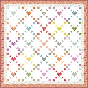 Könnte beinhalten: Ein farbenfroher Quilt mit weißem Hintergrund und einem Muster aus Herzen und Quadraten. Die Herzen sind in verschiedenen Farben, darunter Rot, Orange, Gelb, Grün, Blau, Lila und Rosa. Die Quadrate sind in verschiedenen Farben und Mustern.