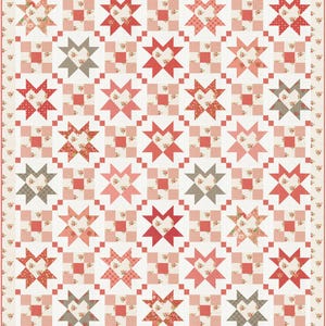 May include: A patchwork quilt with a repeating star pattern in shades of red, pink, and gray on a cream background. The stars are made of various floral and dotted fabrics. The quilt has a floral border.