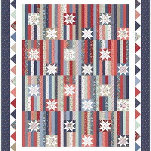 May include: A patchwork quilt with a patriotic theme. The quilt features vertical stripes in red, white, and blue fabrics, interspersed with star-shaped appliqués. The border is a dark blue with white floral patterns and red triangles.