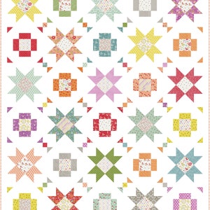 May include: A quilt pattern with a white background and a variety of colorful star and square blocks. The blocks are made from different floral patterned fabrics in shades of red, orange, yellow, green, blue, and purple.