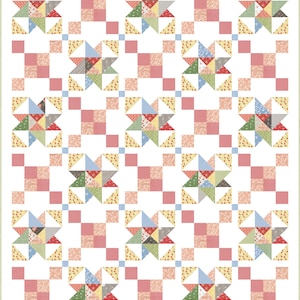 Peut inclure: Un motif de courtepointe avec un motif répété d'une étoile éclatante au centre d'un carré. L'étoile éclatante est composée de 16 triangles de couleurs alternées rouge, bleu, vert, jaune et blanc. Les carrés sont entourés d'une bordure de carrés plus petits de couleurs alternées rose et blanc.