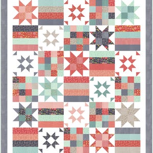 May include: A quilt block pattern with a white background and a grid of colorful squares and stars. The squares are in shades of red, pink, blue, and green, and the stars are in shades of red, pink, and blue.