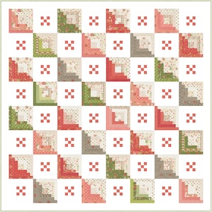 May include: A patchwork quilt with a repeating pattern of squares. Each square features a log cabin design in shades of red, green, and gray, with floral and geometric prints. Small red crosses are interspersed throughout the design.