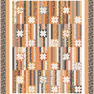 May include: A patchwork quilt with a repeating pattern of vertical stripes in shades of orange, brown, and cream. White star-shaped designs are evenly spaced throughout the quilt. The border is a floral pattern in brown and cream.