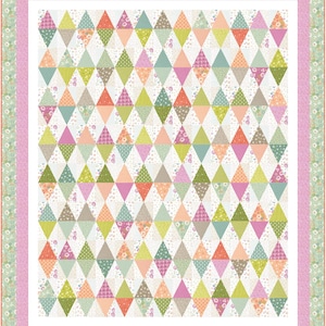 Può includere: Una trapunta rettangolare caratterizzata da un motivo ripetuto di toppe di tessuto a forma di rombo in vari colori pastello e stampe floreali. La trapunta è incorniciata da un bordo bianco, un bordo rosa e un bordo esterno a fiori verdi.
