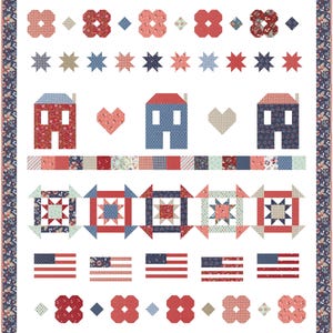 May include: A patriotic quilt featuring red, white, and blue patchwork designs. The quilt showcases houses, hearts, stars, and American flags. The border has a floral pattern, creating a charming, handcrafted aesthetic.