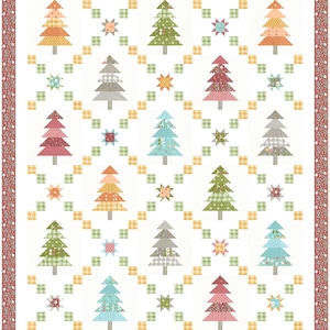 May include: A white background with a repeating pattern of green, orange, red, blue, and gray patchwork trees. The trees are surrounded by a white background with a repeating pattern of small yellow and green squares. The border of the image is a red and white floral pattern.