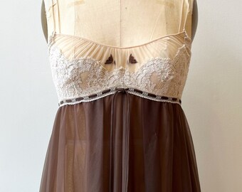 S A L E ! Chocolate Brown Peignoir Set ~ Vintage 1960s Claire Sandra by Lucie Ann Nightgown Robe Set ~ 60s Layered Nylon & Lace Lingerie