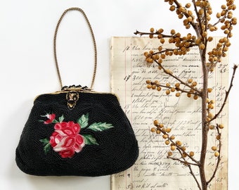 S A L E ! Embroidered Point de Beauvais Rose Purse ~ Antique/Vintage 1910s 1920s 1930s French Beaded Bag  ~ 10s 20s 30s Bead & Silk Purse