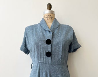 Grayish Blue Shawl Collar Dress ~ Vintage 1940s 1950s Cuffed Short Sleeve Dress ~ 40s 50s Cotton Slub & Velvet Button Dress