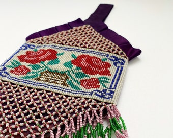 S A L E ! Beaded Rose Panel Purse ~ Vintage 1920s Looped Fringe Bag ~ 20s Satin & Seed Bead Wristlet with Silk Lining