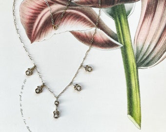 S A L E ! Drop Station Necklace ~ Vintage 1940s Delicate Chain Necklace with Brilliant-Cut Diamonds  ~ 40s 14k White Gold & Diamond Necklace