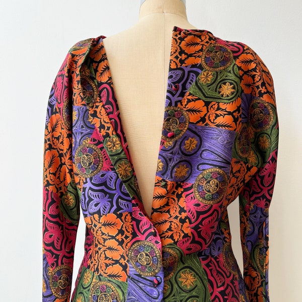 Colorful Patchwork Print Blouse ~ Vintage 1980s Long Dolman Sleeve Quasi-Peplum Top ~ 80s Silky Synthetic Blouse with Back Button Panel