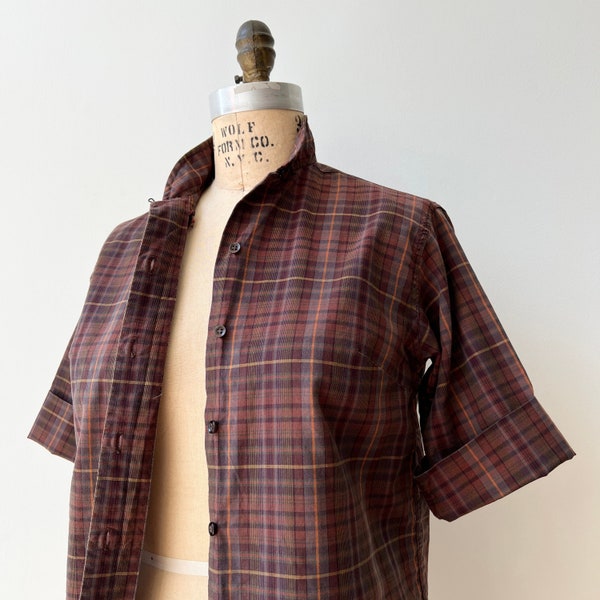 Chestnut Brown Plaid Button-Down Shirt ~ Vintage 1950s Petite Rounded Collar Top ~ 50s Cotton Wide Cuffed Elbow-Length Sleeve Shirt