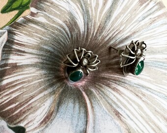 Spider Post Earrings ~ Vintage Petite Arachnid Studs ~ Sterling Silver & Green Glass Insect Earrings