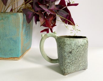 Pitted Seafoam Green Mug ~ Vintage Signed & Dated Knobby Handle Mug ~ 2003 Ceramic Artisan Mug with Triangular Base