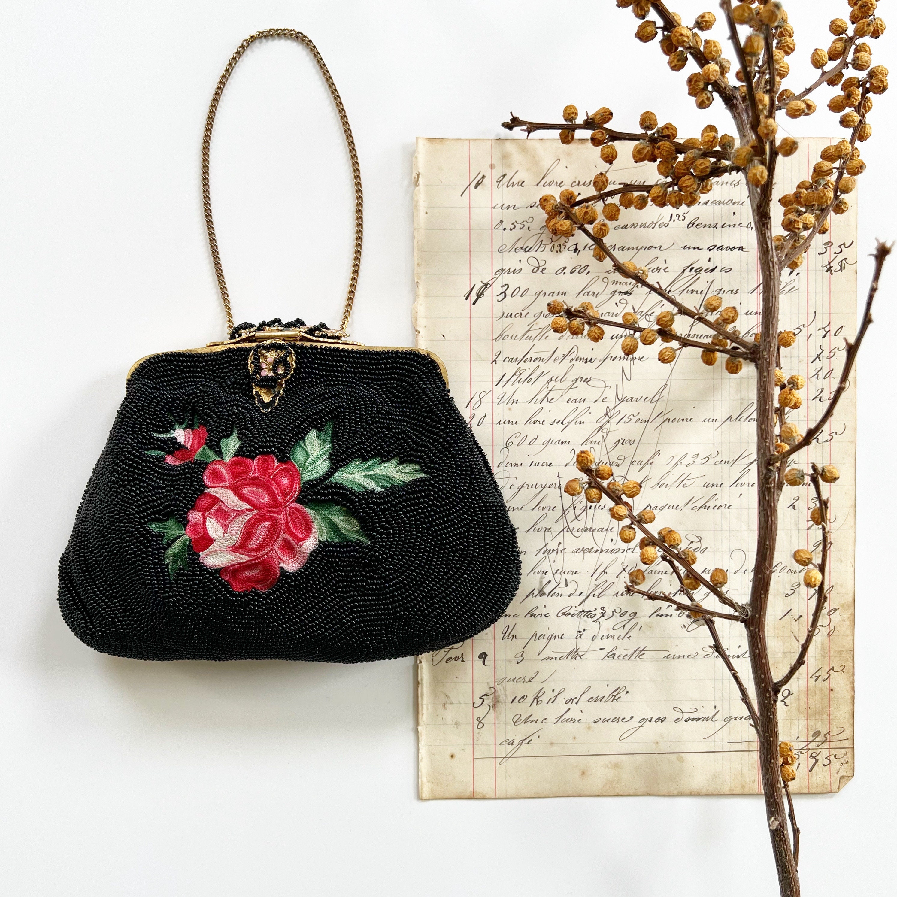 1940s Llewellyn hand made in France beaded floral evening bag at