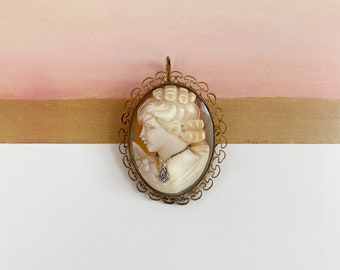 S A L E ! Cameo Habillé Pin/Pendant ~ Antique 1900s Woman Wearing Necklace Cameo ~ Edwardian Carved Shell, Diamond & 12k GF Pin/Pendant