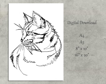 Cat Line Art, Digital Download, Tabby Cat, Print at home, Instant Download, Black and White