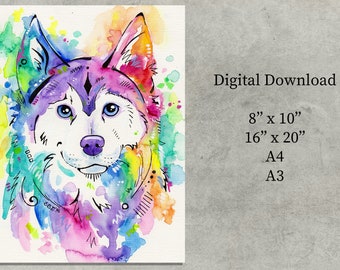 May include: A digital download of a watercolor painting of a husky dog's face. The dog is surrounded by colorful watercolor splatters in shades of pink, purple, blue, green, and yellow. The dog's eyes are blue, and its nose is purple. The text "Digital Download" is written in black on a gray background. The sizes 8" x 10", 16" x 20", A4, and A3 are listed below the text.