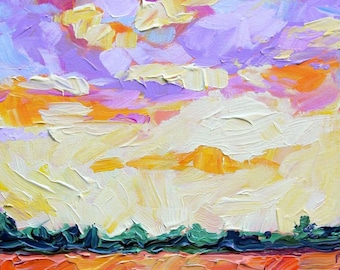 Pintura colorida del paisaje, puesta de sol, amanecer, pintura de texturas, pintura de cuchillos