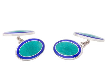 Sterling Silver, Double Oval Turquoise & Blue Enamel Chain Link Cufflinks