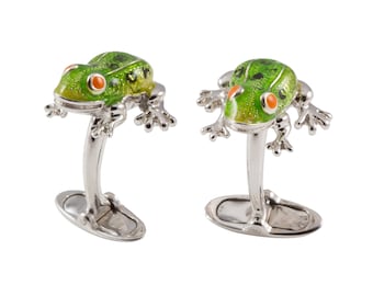 Sterling Silver Light Green Enamelled Frog Cufflinks